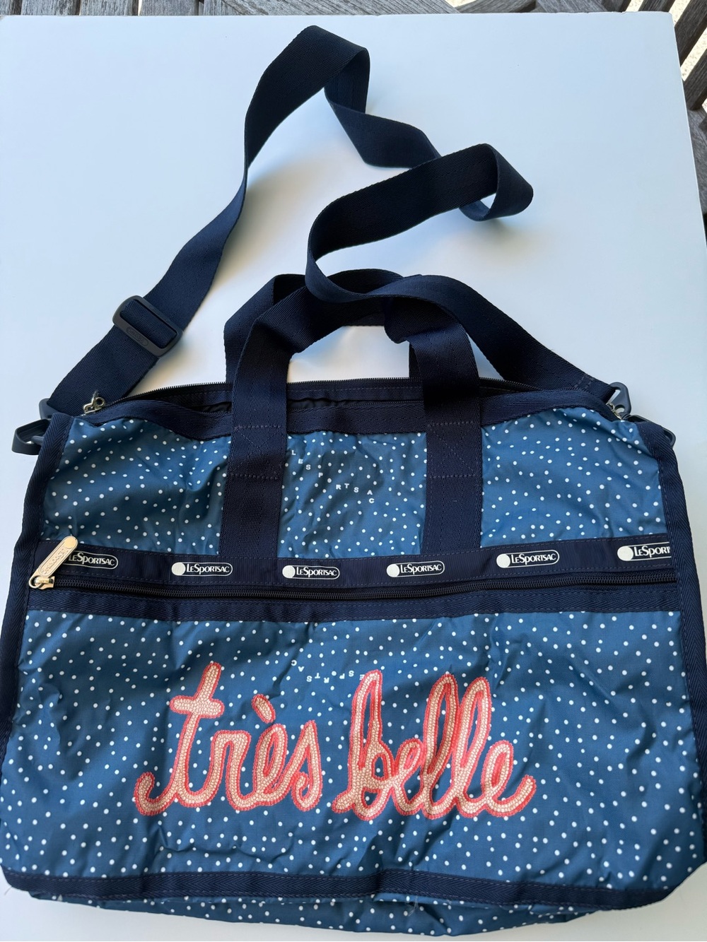 Lesportsac Navy & White Polka Dot Tote with Coral 'très belle' Script